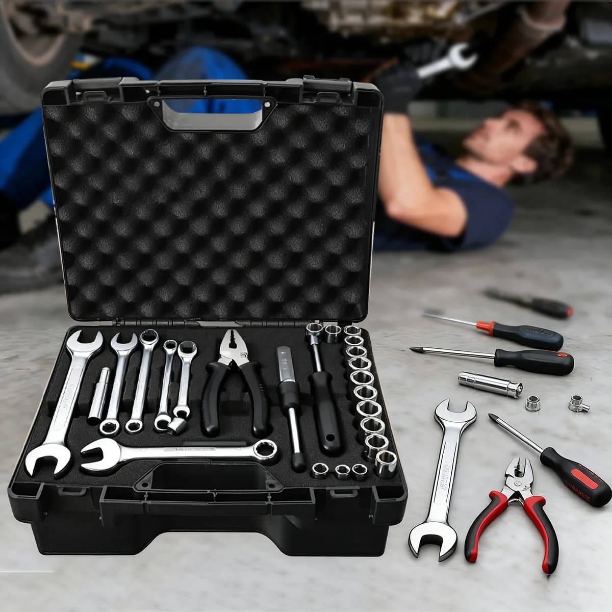 Plastikinė nešiojama automobilių remonto įrankių dėžė su kempine